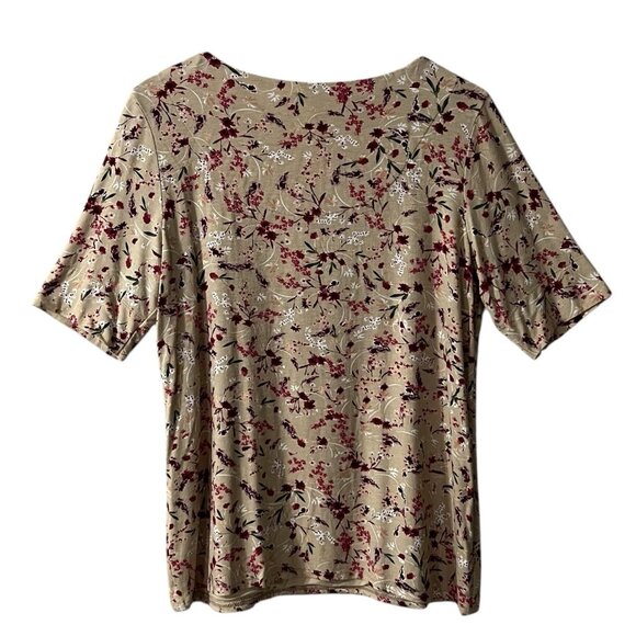 Chicos Knit Top Size 1 Medium Tan Pink Floral Double Lined Scoop Neck Tee Blouse - Picture 2 of 7